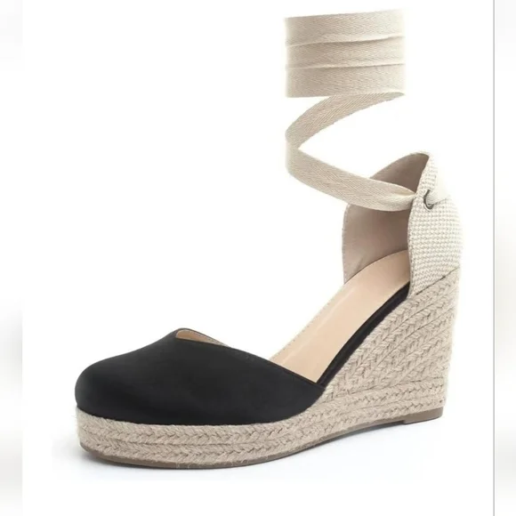 NEW! Espadrille wedges black tie lace up heels platform sandals casual size 10 - Picture 1 of 6